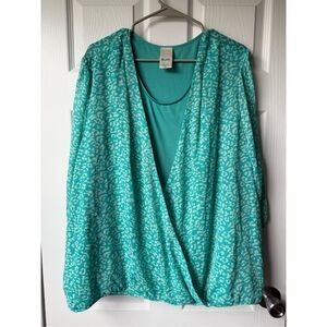 Blair 3XL Teal Cheetah Print Half Sleeve Sheer Blouse Tank Crew Neck Blouse